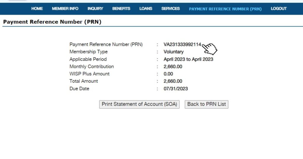 Final SSS Confirmation page showing the payment reference number
