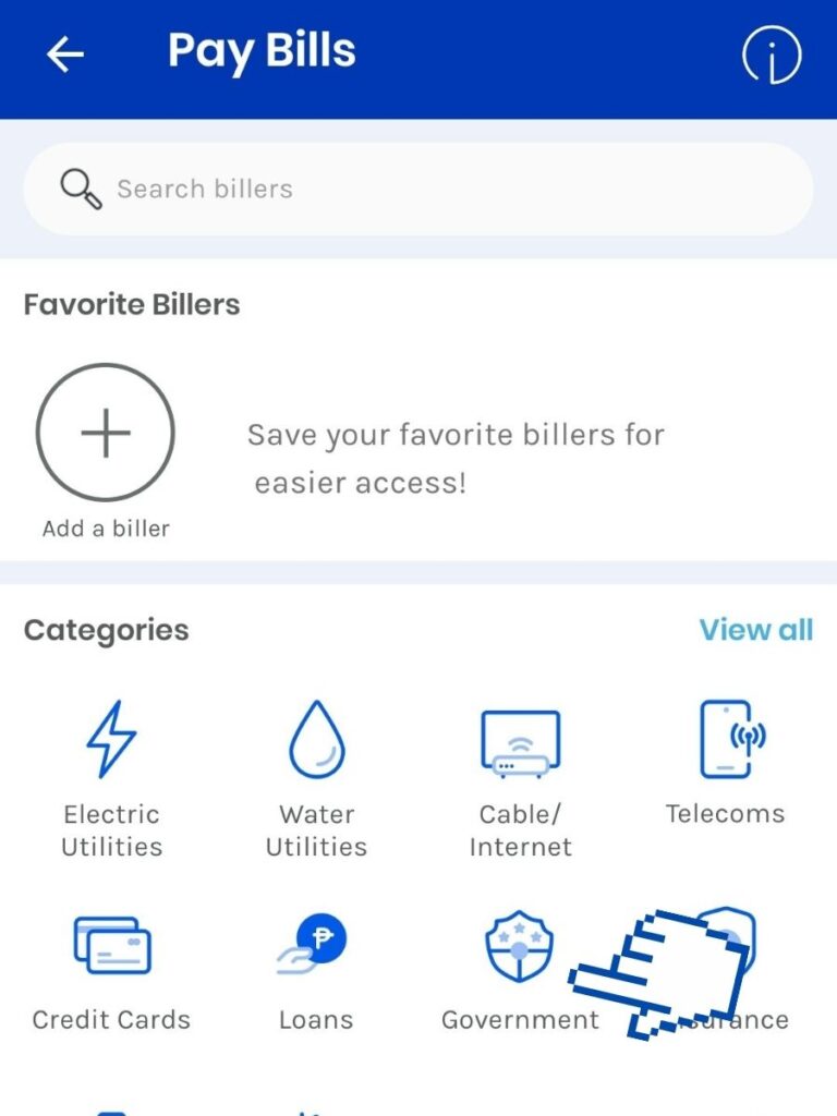 Gcash Biller page with Government option on the list