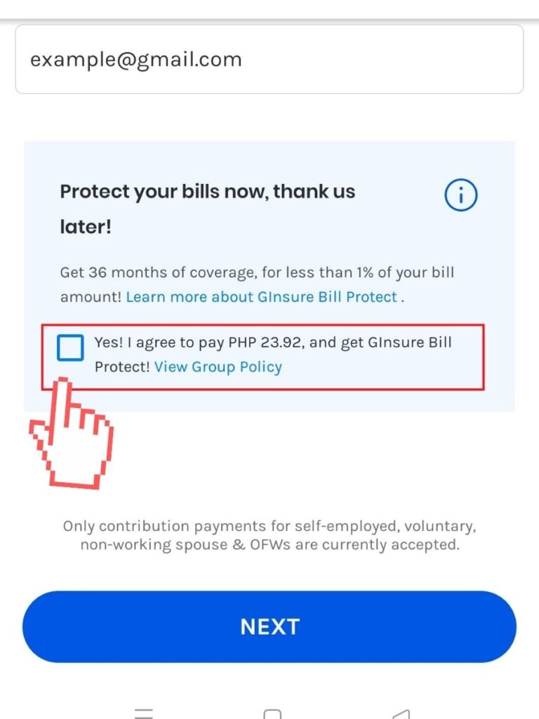 Gcash GInsure bill protection with a checkbox for availing GInsure for Bills