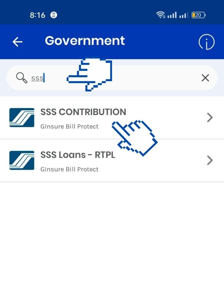 Gcash list of government agencies showing SSS Contribution and SSS Loans after searching SSS on search bar