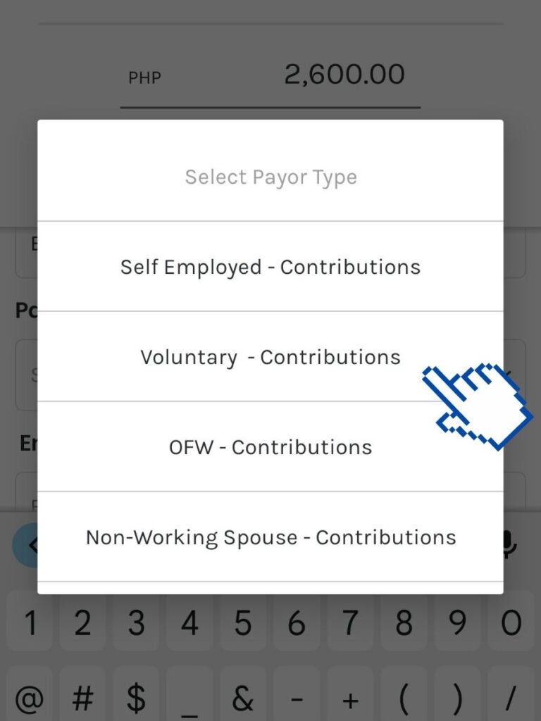 Gcash - SSS Payor type options showing Self Employed - Contribution and Voluntary - Contribution