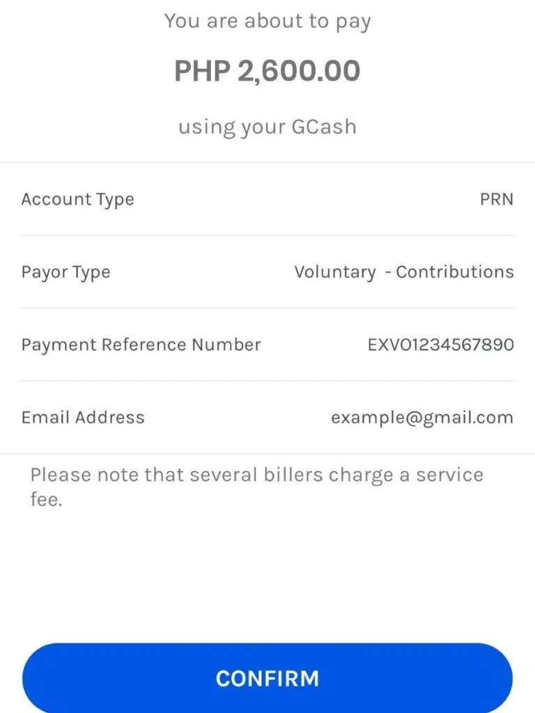 Gcash Verification page for details entered for the SSS contribution payment
