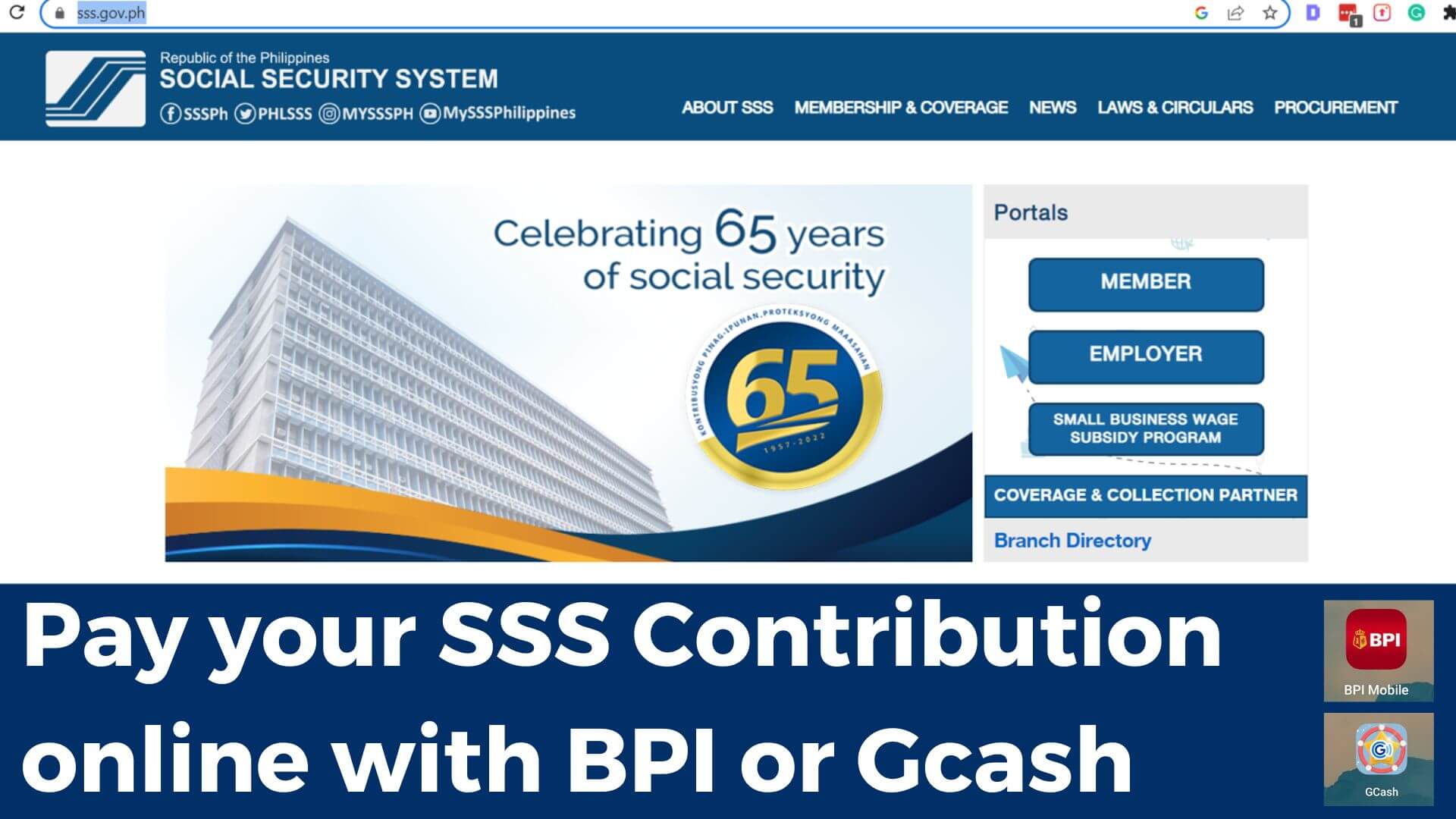 SSS official website with BPI and Gcash mobile applications