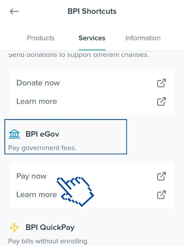 BPI shortcuts Services page showing the BPI eGov section