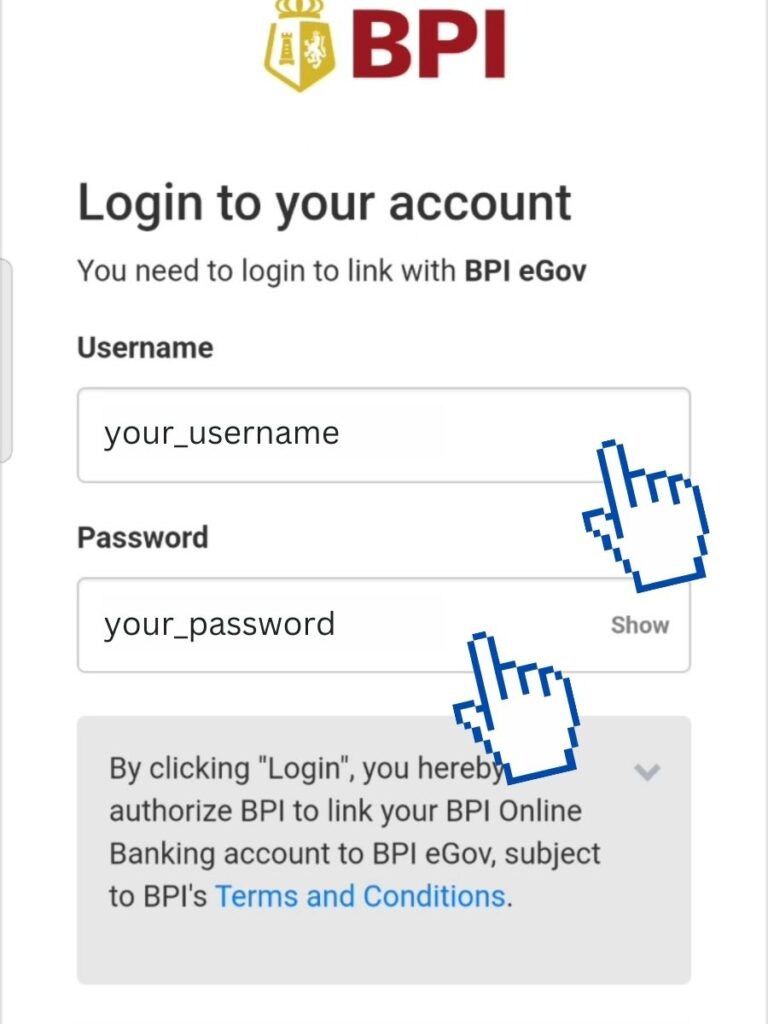 BPI login page with Username and Password