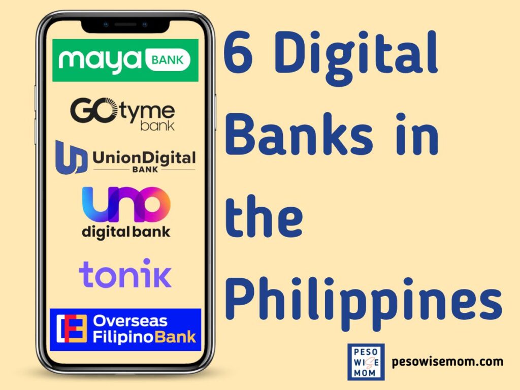 Cellphone screen with 6 logos of Digital Banks in the Philippines with a the same title written