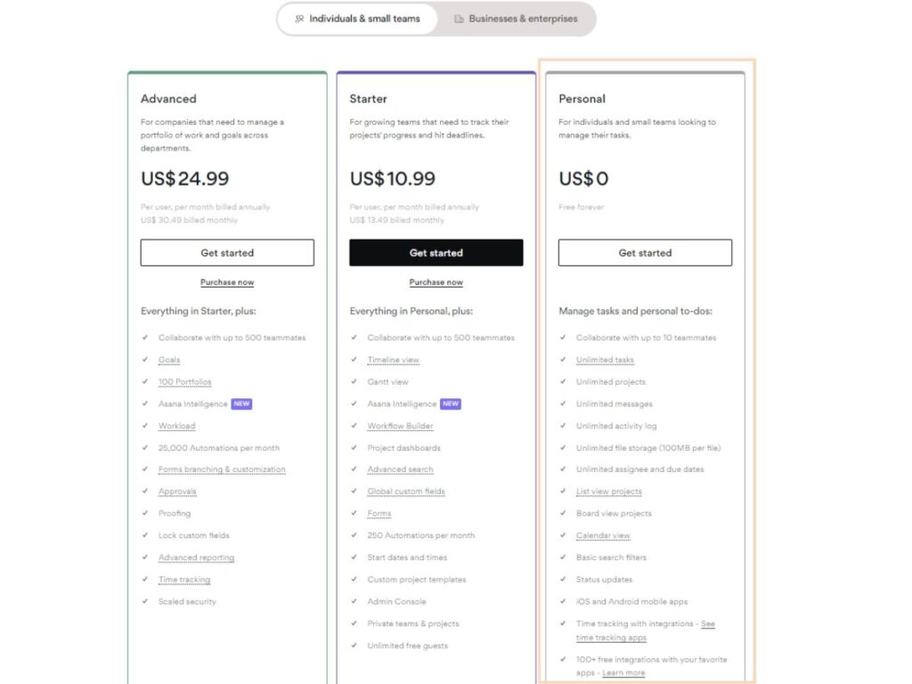 Asana pricing for individual user showing the features included with free plans