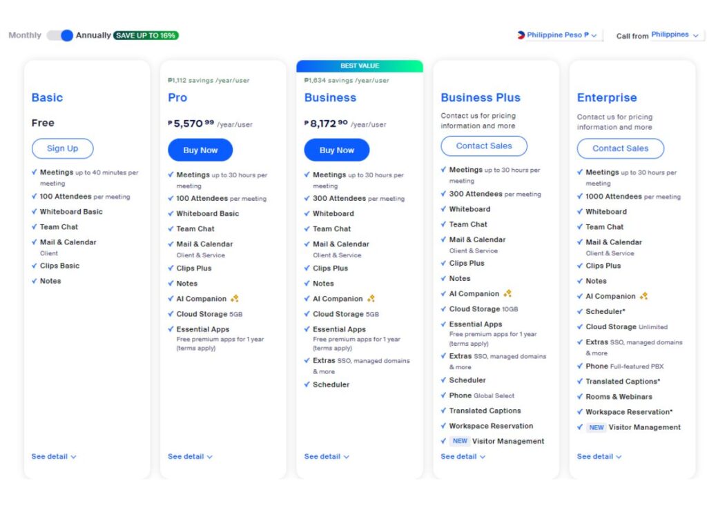 Zoom pricing with the Basic plan features