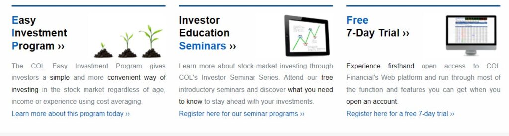 COL Financial Education showing a link to their Investor Education Seminars